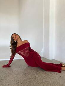Aloruh Vestido Longo de Manga Comprida com Ombros à Mostra, Renda, Manga Flare e Bainha de Sereia, Vermelho, Ideal para Natal e Ano Novo, Vestido Romântico para Encontros no Dia dos Namorados - Vermelho - Visão 7