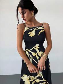 Vestido casual de verano sin espalda con tirantes finos y estampado floral, color amarillo mantequilla, para mujer - Negro 2 - Ver 7