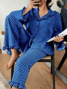 Bộ đồ ngủ kẻ caro ve áo cỡ lớn - Nhiều màu - Xem 5
