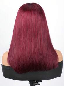 无胶多层直发假发，带刘海的波波头假发，真人发丝，4x4 预剪蕾丝无胶假发，真丝波波头假发，可穿戴，透气短波波头假发，99J# 酒红色波波头假发，10-14 英寸