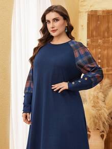 Lacomfia Plus Size Women Casual Knit Textured Round Neck Long Sleeve Patchwork Loose Fit Pullover Dress, Autumn/Winter - Multicolor - View 1