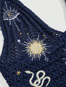 ROMWE Hippie 女士嬉皮波西米亚风格刺绣衬衫，饰有月亮和星星图案 - 寶藍色 - 查看 3