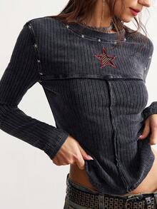 Bohemela Áo thun cổ tròn dệt kim màu trơn thường ngày dành cho nữ, tay dài - màu đen - Xem 2