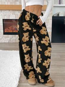 Tween Girl Casual Cartoon Bear Pattern Drawstring Waist Teddy Fleece Long Pants, Autumn/Winter - Black - View 5
