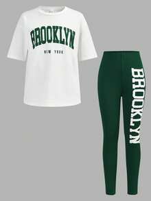 Tween Girl Casual Daily Fashion White T-Shirt Top With Green Letter Print And Green Leggings Set