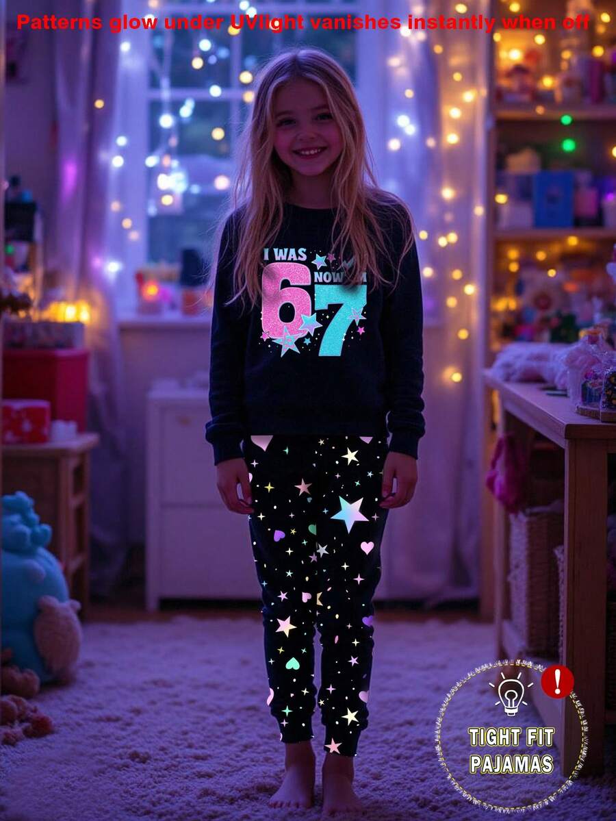 Tween Girls Glow-In-The-Dark Numeric 67 & Star Heart Print Knit Top & Snug Fit Bottoms 2Pcs Pajama Set Snug Fit
