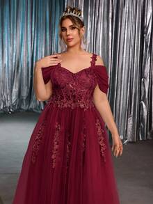Glamrae Plus Size Elegant Luxurious Cold Shoulder Exquisite Embroidered Mesh Patchwork Waist Applique A-Line Bridal Wedding Dress, Valentine's Day - Burgundy - View 6