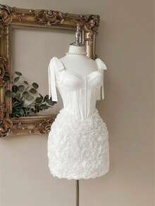 Lovelzi Váy quây màu hồng thanh lịch, lãng mạn, gợi cảm với vải hoa 3D, ôm eo và dáng ôm sát, dáng ngắn, thích hợp cho tiệc tùng và cocktail - trắng - Xem 7