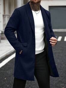 Manfinity CasualCool Men's Button Front Long-Sleeved Pocket Simple Plus-Size Casual Windbreaker, Flannel Windbreaker For Going Out, Gifts For Friends, Husbands And Boyfriends Coat For Men - Navy Blue - View 8