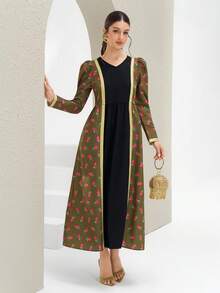 Al Najma Women's Turkish Maxi Dress & Arabic Traditional Abaya Kaftan Jalabiya Dress; Summer Dresses;Black And Green Dress;Udan Rose Print Dress - Green - View 4