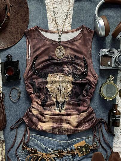 Easelle Vintage Casual Women's Personalized Print Round Neck Sleeveless Tank Top Bull Head Print Hot Stamping Strap Country Music Festival