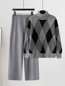 EMERY ROSE Completo da donna taglie forti, 2 pezzi: Maglione lavorato a maglia con colletto a rombi plaid + Pantaloni - Multicolore - Visualizzare 1