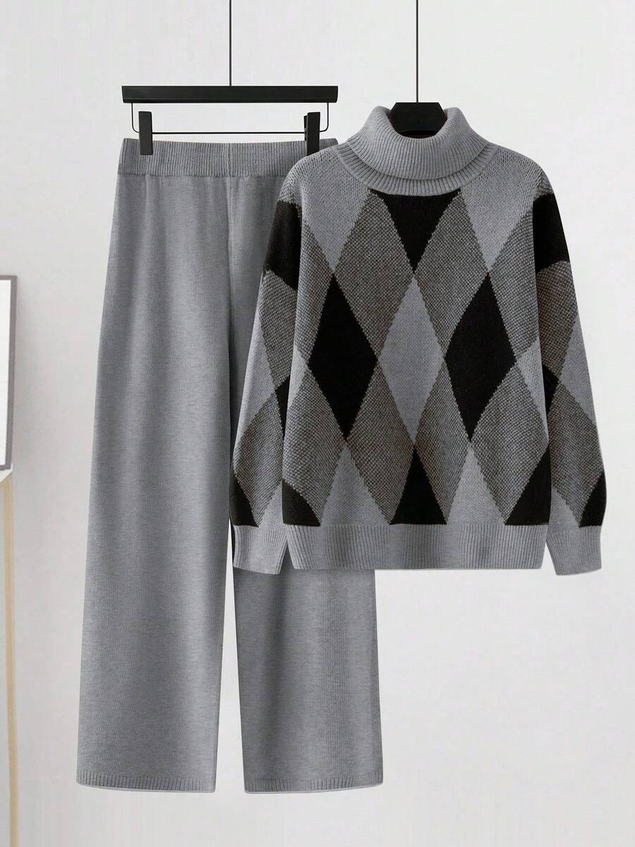 EMERY ROSE Completo da donna taglie forti, 2 pezzi: Maglione lavorato a maglia con colletto a rombi plaid + Pantaloni - Multicolore - Visualizzare 1