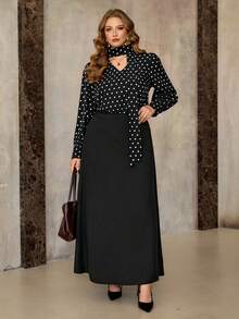 Roveilla 大码波点编织上衣和黑色半裙两件套，秋冬季休闲装 - 黑色 - 查看 3