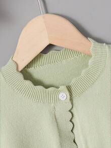 SHEIN Elladie kids 适合年轻女孩的休闲百搭纯色贝壳边开衫 - 綠色 - 查看 6