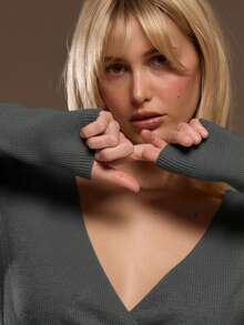 MUSERA 罗纹针织裹身交叉芭蕾舞蝴蝶结侧系上衣，可爱浪漫的周日最佳机场度假秋季返校季春夏装扮 - 深灰色 - 查看 4