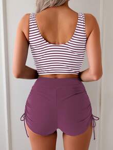 Swim Basics 畅销条纹印花分体泳衣，分体式下装，侧系带，海滩度假派对泳装套装 - 彩色 - 查看 2