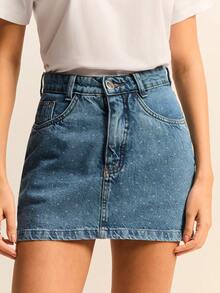 Daynim Chân váy denim bạc màu in họa tiết chấm bi - Rửa tối - Xem 4