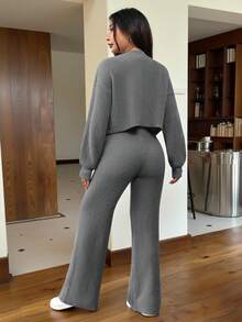 SHEIN EZwear 秋冬季女士休闲纯色长袖针织开衫两件套 - 深灰色 - 查看 2