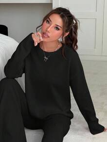 CovetEZ 女士纯色圆领长袖上衣和长裤休闲针织毛衣套装 - 黑色 - 查看 7