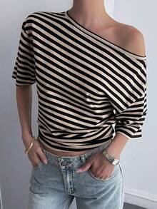 Livesso Women's Loose Casual Striped Patchwork Oblique Collar Short Sleeve Top, Elegant Street Style For Spring, Summer, Autumn - Black and White - View 7