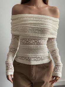 Livesso Women's Hollow Out Lace Blouse, Off-Shoulder Casual Vacation Street Style Crochet Beach Shirt, Long Sleeve T-Shirt, Suitable For Autumn, Spring, Summer - Beige - View 5