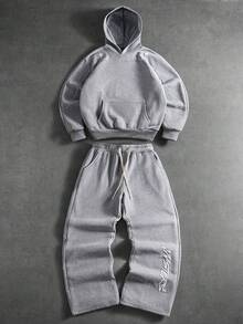 PAVTROS Men Hoodie Co-Ords,Men's Streetwear,Baggy,Brand,I Love My Boyfriend,Graphic,Boyfriend,Men's Hooded Sweatshirt Set With Structural Line Splicing, Foam Print, And Star Pattern. - Light Grey - View 3