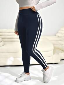 SHEIN EZwear 大码休闲拼色条纹高腰紧身裤 - 藏蓝色 - 查看 1