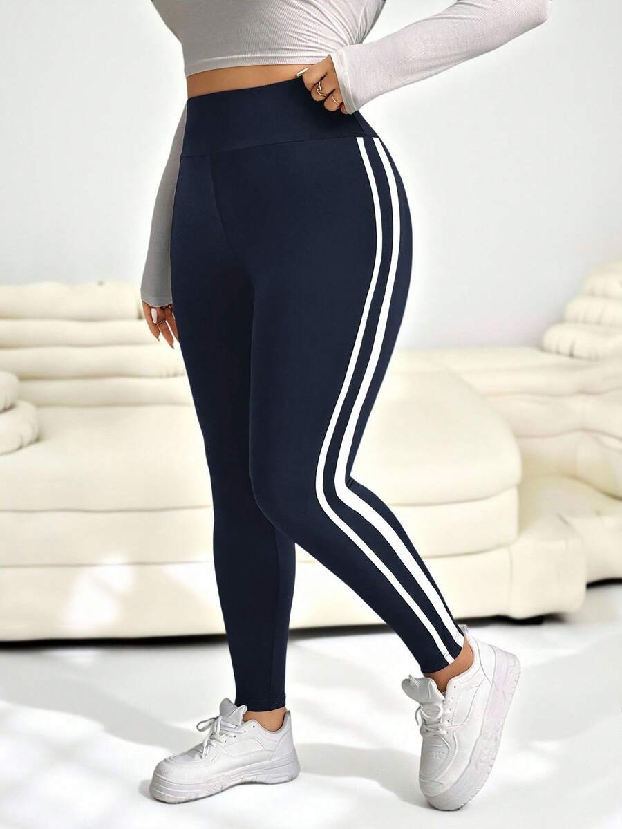 SHEIN EZwear 大码休闲拼色条纹高腰紧身裤 - 藏蓝色 - 查看 1