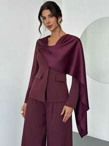 Firerie Women's Elegant Commuter Sophisticated Outgoing Fashion New Year Holiday Satin Scarf Shawl Collar Waist Long Sleeve Blazer And High Waist Pants Burgundy Suit Two Pieces Set