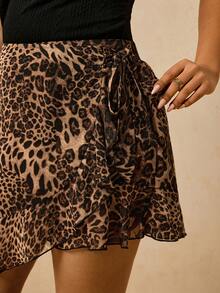 Travachic Plus Size Women Leopard Print Wrap Tie Waist Skirt, Ruffle Hem Chiffon Mini Skirt Cheetah Print - Multicolor - View 6