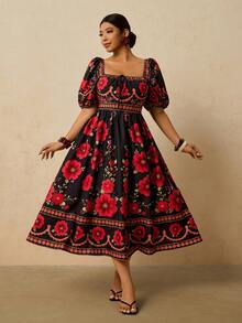Travachic Plus Size Elegant Princess Dress For Women,Black And Red Colorful Floral Print Puff Sleeve Boho Summer Holiday Tea Party Vacation Resort Wear Outfit - Black - View 4