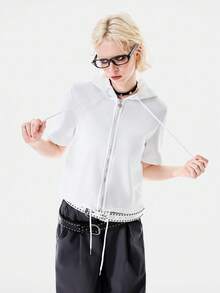 Bloopia Short Solid Color Zip-Up Hooded Sweatshirt - White - View 1