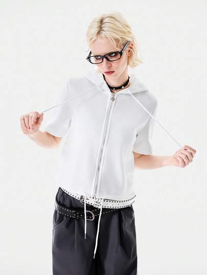 Bloopia Short Solid Color Zip-Up Hooded Sweatshirt