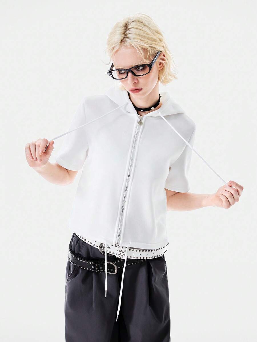 Bloopia Short Solid Color Zip-Up Hooded Sweatshirt - White - View 1