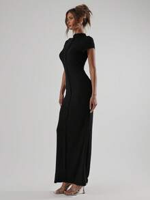 MUSERA Mock Neck Button Through Fitted Short Sleeve Cute Casual 90's Y2k Maxi Dress For Spring Summer Vacation Holiday Festival Concert Fall Night Out Wedding Guest Elegant Date Night Fall Valentines Long Dress - Black - View 2