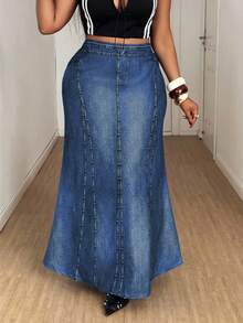 Maweii 大码秋冬牛仔印花优雅复古休闲可爱度假半身裙 - 藍色 - 查看 4