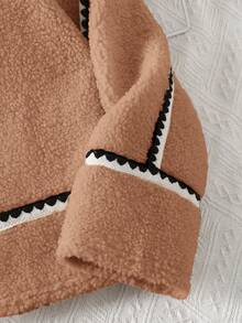 SHEIN 少女休闲街头风时尚拉链外套，仿皮领，撞色缎带饰边，宽松泰迪绒面料，秋冬款 - 棕色 - 查看 9