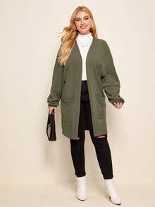 SHEIN LUNE Áo khoác dáng rộng tay dài trễ vai màu trơn có túi dành cho nữ cỡ lớn - màu nâu - Xem 3