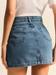 Daynim Chân váy denim bạc màu in họa tiết chấm bi - Rửa tối - Xem 2