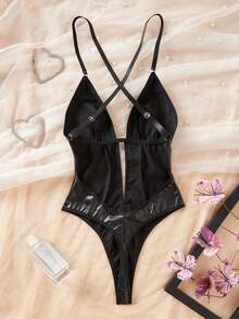 SHEIN 朋克风格纯黑色细肩带无袖紧身衣，采用光滑 PU 皮革制成，狂野不羁 - 黑色 - 查看 2