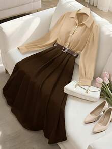 Franclia Váy dài rộng rãi cho nữ có nút thắt lưng trang trí - Màu Khaki - Xem 3