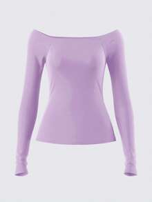 SHEIN BASICS 休闲纯色针织露肩长袖修身女式上衣 - 紫色 - 查看 2