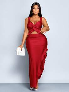 SOLERSUN Große Größen Frauen Rüschen Saum einfarbiges ärmelloses Bodycon Kleid, Hühnerhalslinie, verdrehte Brust, Rüschen Kanten, ausgehöhlter Vorderleib, hoher Schlitz Saum, Rüschen Kanten, Slim Fit, Taillierung, sexy langes Kleid, Maxikleid, rotes Kleid, Abschlusskleid, Weihnachten, Neujahr - Bordeaux - Übersicht 6