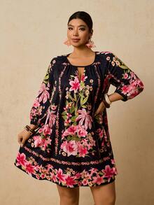 Travachic 大码女式黑米色复古印花连衣裙，七分袖复古印花连衣裙，秋季连衣裙，大码碎花连衣裙，波西米亚风连衣裙，大码束腰连衣裙，刺绣连衣裙，大码休闲连衣裙，碎花连衣裙，黑色连衣裙，情人节女装 - 黑色 - 查看 3