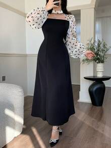 Feyla 女士优雅蝴蝶结印花拼接薄纱腰部中长连衣裙，春秋季 - 黑色 - 查看 5