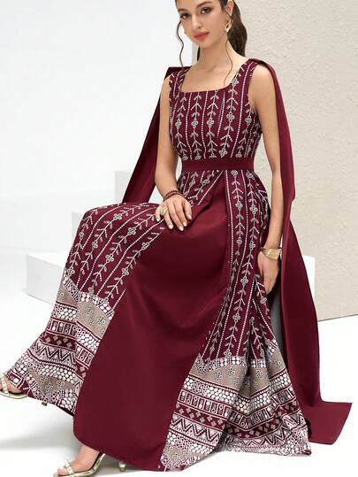 Al Najma Square Neck Sleeveless Women's Arabic Style Dress Burgundy Dress,Plum Dress,Elegant Midi Dress, Dress Elegant Dresses For Party Red Dresses For Women