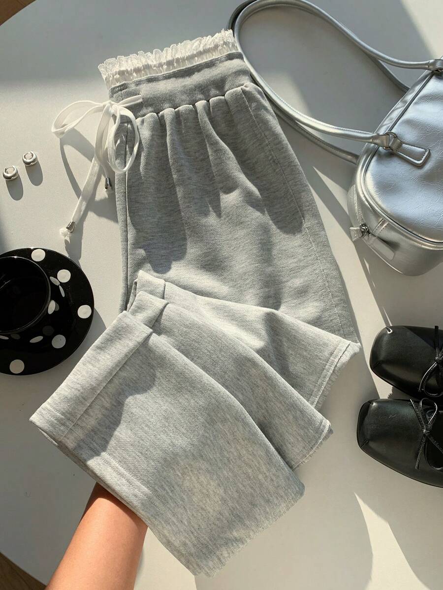 Comfortcana 女士休闲日常通勤撞色蕾丝纸袋腰宽松阔腿运动裤 - 灰色 - 查看 1