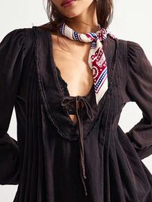 Bohemela 女士休闲纯色V领长袖水洗针织上衣 - 黑色 - 查看 5