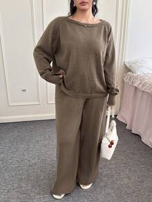 CovetEZ Plus Size Solid Color Crew Neck Long Sleeve Sweater And Pants Casual Matching Set, Autumn/Winter Comfortable Two Piece Set - Brown - View 4